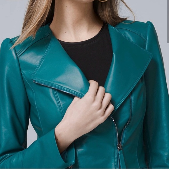 White House Black Market Jackets & Blazers - WHBM-Teal Leather Asymmetrical Jacket-size L